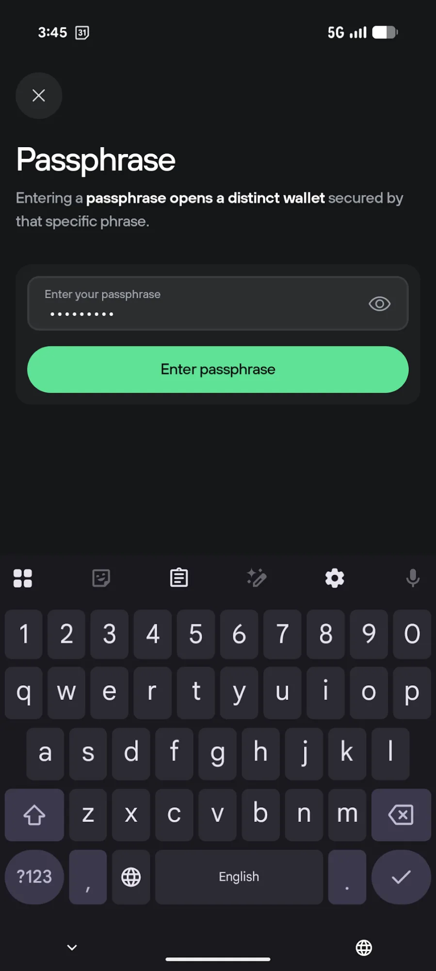 בחירת הזנת ה-Passphrase בארנק החומרה