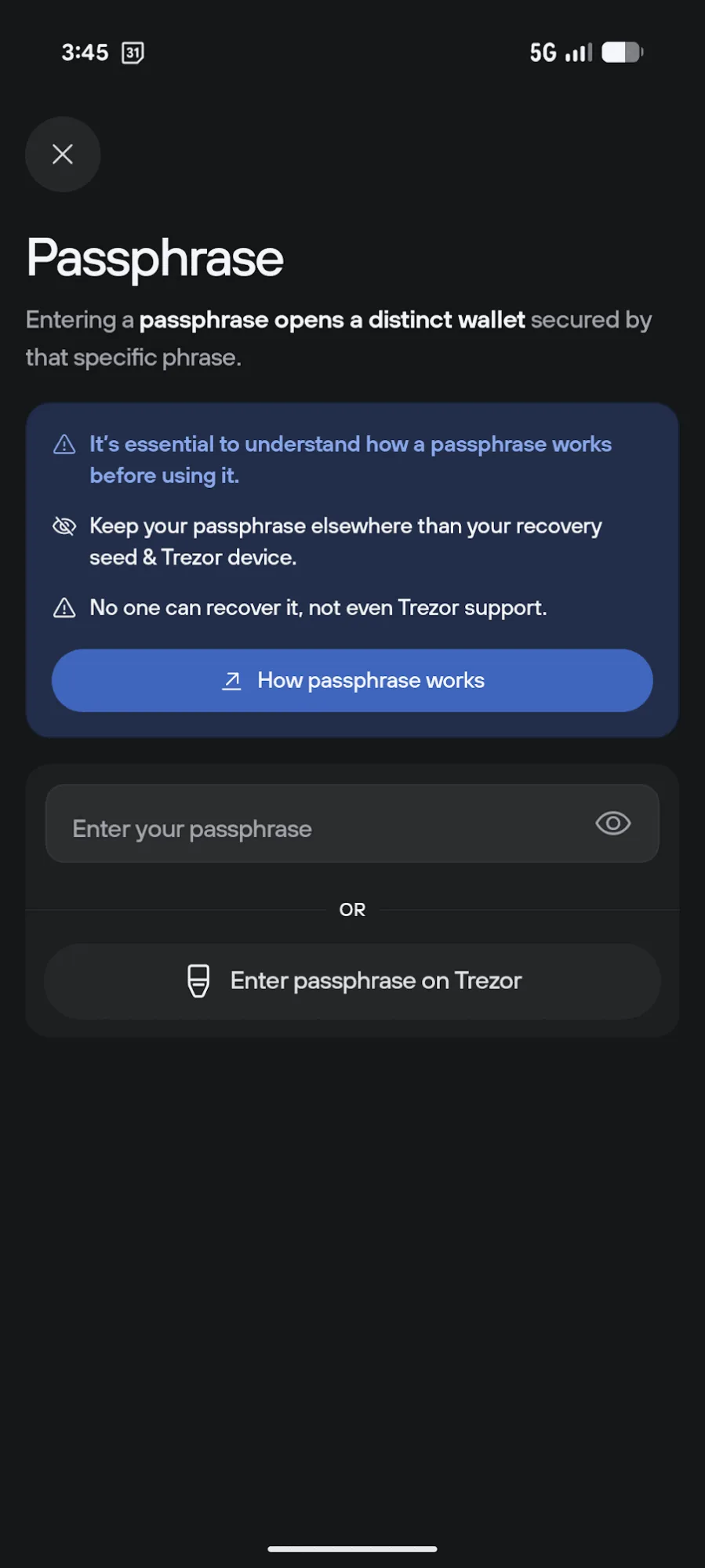 הזנת ה-Passphrase באפליקציה בטלפון