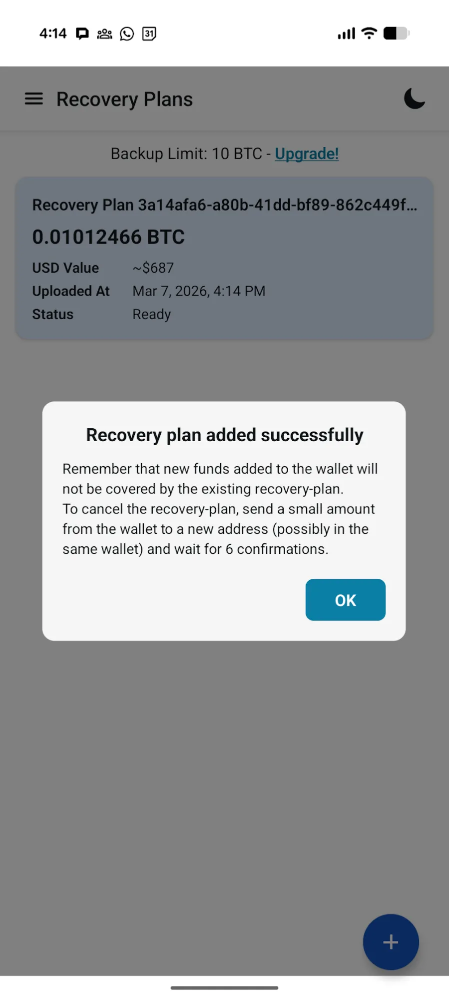 ה-Timelock Recovery עלה לגיבוי בהצלחה באפליקציית RITREK