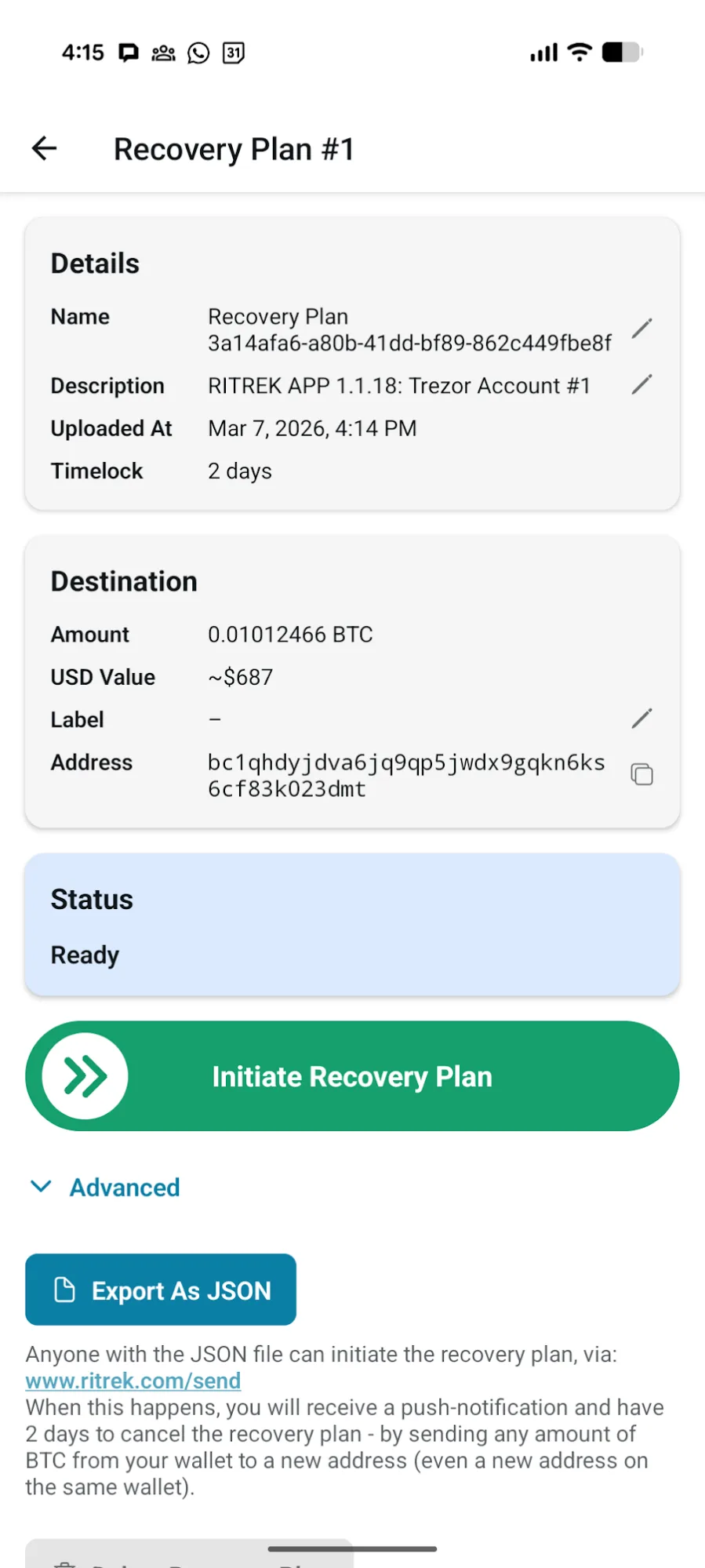 אפשרויות ה-Recovery Plan באפליקציית RITREK
