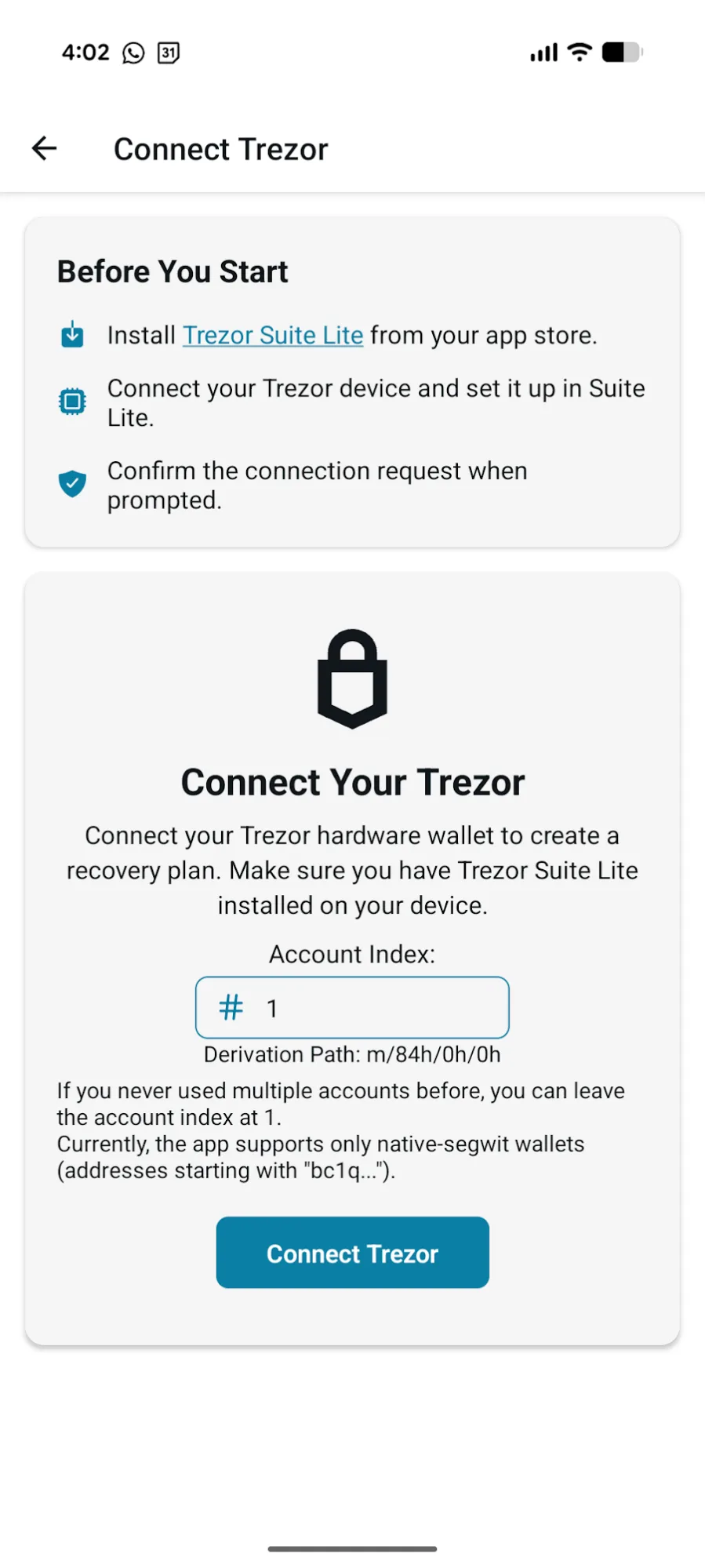 אישור גישה לפרטי הארנק באפליקציית Trezor Suite